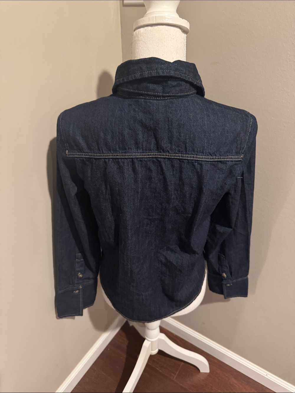 H & M Divided dark denim cotton button up top with tie at the neck, size S - Picture 10 of 14